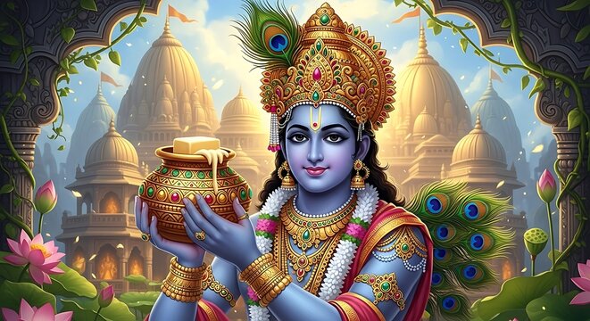 Happy Krishna Janmashtami: Vibrant Digital Painting of Blue-Skinned Hindu Deity Playing Flute, Surrounded by Radiant Halo of Peacock Feathers, Golden Jewelry, Red Sari, and Ornate Crown  Traditional 