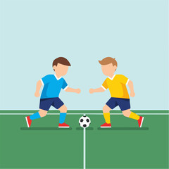 Fototapeta premium vector style Two kids playing football soccer on green grass