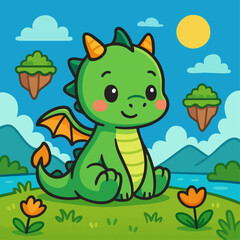 Cute Baby Dragon Vector Illustration in Fantasy Landscape