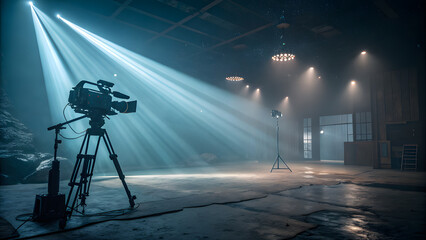 Professional video camera on tripod in moody studio with light beams