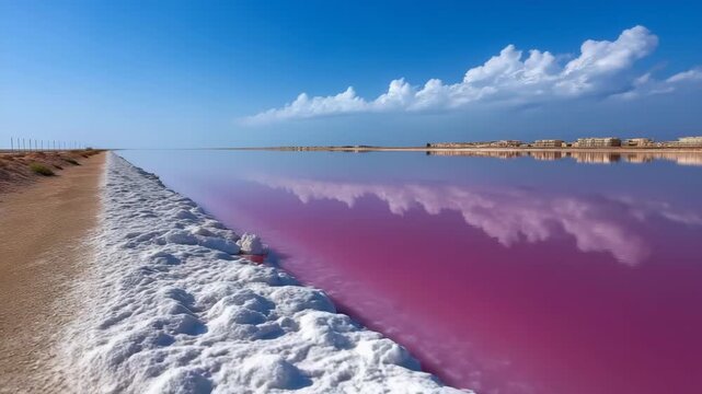 A beautiful pink lake with a beach in the background. The water is calm and the sky is clear