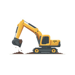 Flat filled vector icon of an excavator digging soil, isolated on white