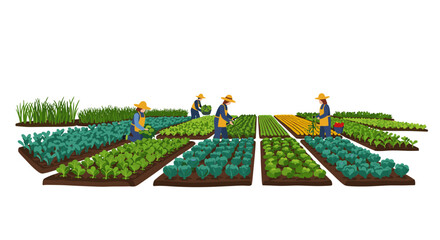 Farmers working in community garden with diverse vegetables on raised beds