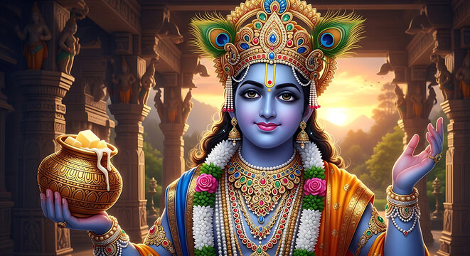 Happy Krishna Janmashtami: Vibrant Digital Painting of Blue-Skinned Hindu Deity Playing Flute, Surrounded by Radiant Halo of Peacock Feathers, Golden Jewelry, Red Sari, and Ornate Crown  Traditional 