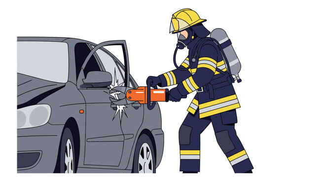 A firefighter in full protective gear uses hydraulic rescue tools to cut open a car door after an accident, demonstrating emergency rescue operations.