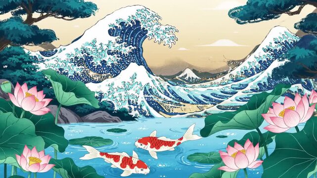 Serene water scene illustration with koi fish and lotus flowers japanese inspired background design
