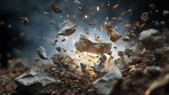 Conceptual of rare earth mineral rocks exploding apart with metal fragments flying, dark muted colors, geopolitical conflict trade deal symbolism