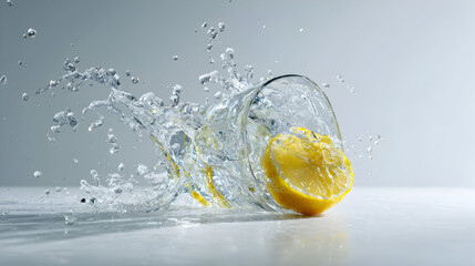 Lemon Slice Collision with Water Creating Splash Effect and Droplets