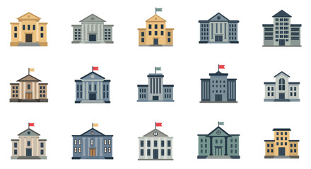 Collection of stylish government buildings with flags in flat design