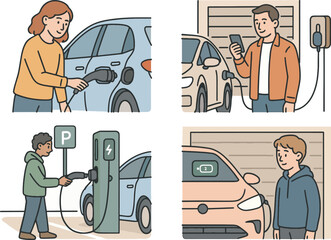 Collection of Illustrations of People Charging Electric Cars at Home and Public Stations