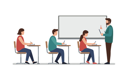 Fototapeta premium Classroom learning scene with teacher and students in a flat design style