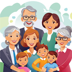 Happy Family Walking Together Black Silhouette on White Background.