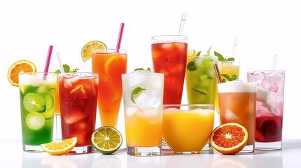 Colorful variety of fresh fruit juices – refreshing drinks in tall glassware with citrus slices