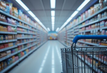 view from shopping cart perspective inside a large brightly lit supermarket aisle packed with