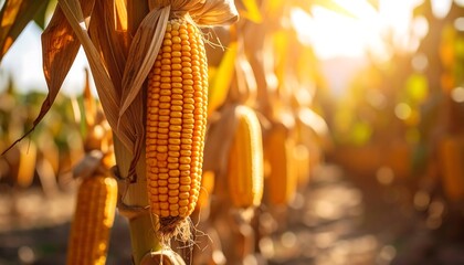 Ripe corn cobs on stalks in field