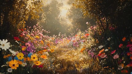 Fototapeta premium A whimsical journey through a secret flower garden bathed in golden sunlight filtering through lush trees creating a