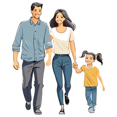 Happy Family Walking Together Black Silhouette on White Background.