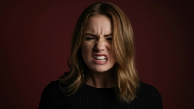 Furious young woman snarling at the camera with an intense expression of rage and disgust