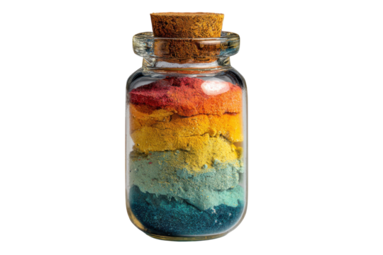 Rainbow pigment jar layered powder in glass bottle studio photography Science art beauty colors