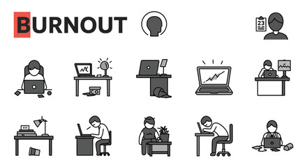 Flat illustration showing burnout through a deserted workstation with signs of exhaustion: a glowing laptop and spilled coffee