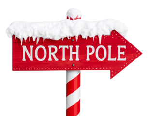 Candy Cane Striped North Pole Sign with Red Arrow and Snow Cap, Front View, Isolated