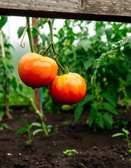 Ripe tomatoes hanging in greenhouse