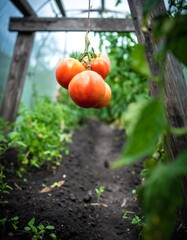Ripe tomatoes hanging in a greenhouse
