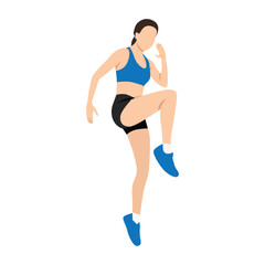 Woman performs a high knee workout, lifting her leg toward her chest in a dynamic cardio. Flat vector illustration isolated on white background