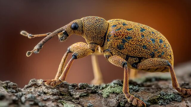 Detailed close-up of a golden-spotted weevil on bark