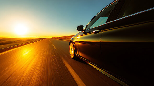 A car speeds down a sunlit highway, capturing the essence of freedom and motion.