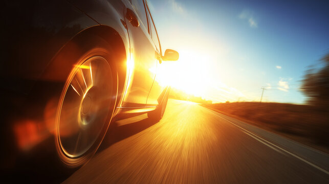 A car speeds down a sunlit highway, capturing the essence of freedom and motion.