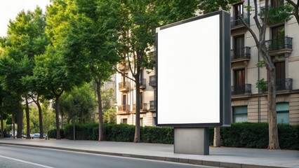 Vertical advertising billboard on a city street with trees and buildings