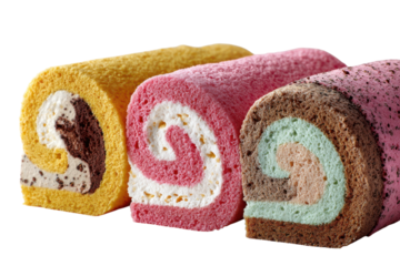 Delightful Swiss Roll Trio Yellow Pink and Brown Cake Rolls on Black Background Dessert Photography