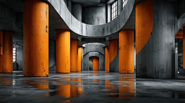 Empty, concrete interior with orange pillars - Powered by Adobe