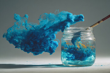 Dynamic Blue Paint Explosion Emerging From Glass Jar with Brush