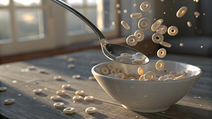 Spoon pouring cereal into bowl with floating pieces