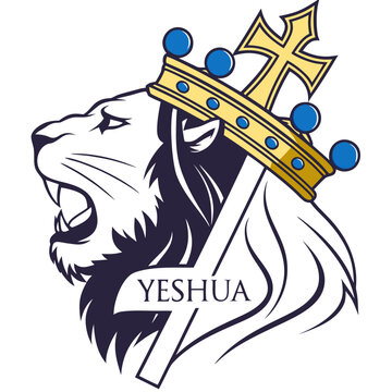 A regal lion head with a flowing mane, wearing a golden crown adorned with blue jewels, pierced by a golden cross. The word "YESHUA" is prominently displayed, symbolizing divine kingship and strength.