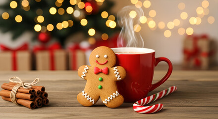 Festive gingerbread man cookie with red cup of hot drink, candy cane, and cinnamon sticks on wooden table with Christmas lights in background