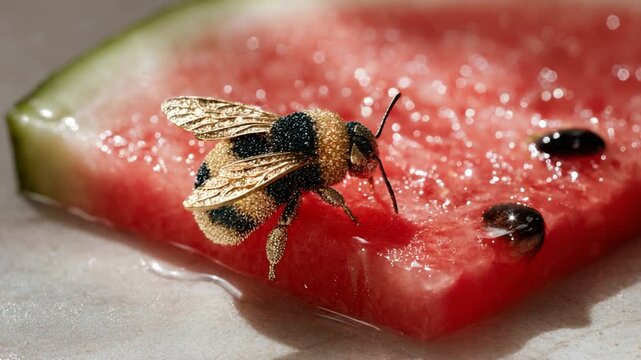 Delicate gold bee on a slice of watermelon