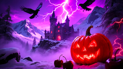 A spooky Halloween scene with a glowing pumpkin, red cherries, black crows, a dark castle, snow, mountains, and purple lightning.