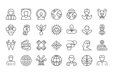 Fototapeta premium Social justice & global unity line icon set. People, globes, plants, abstract symbols, geometric shapes. Monochrome vector illustrations of diversity, equality, environment, cooperation, human rights.