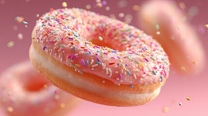 Pink donut in flight,  sprinkled with colorful sprinkles