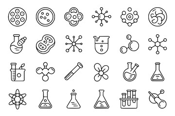 Fototapeta premium Science lab vector icon set with beakers, test tubes, petri dishes, molecules, atoms, and scientific instruments. Black and white line art illustration collection for educational or research design pr
