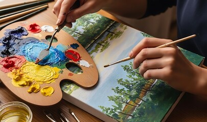 Artistic expression: painting a tranquil landscape with vibrant colors and skillful technique