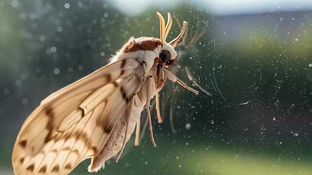Majestic Furry Moth with Intricate Wings and Antennae Resting on a Glass Window