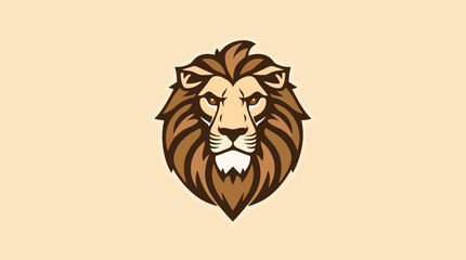 Stylized lion head illustration with a majestic mane, facing forward on a beige background.