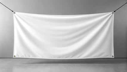 Plain white banner hanging against a textured wall isolated on white background