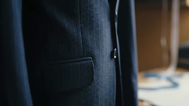 Blue pinstripe suit jacket close-up shows fine tailoring details, a symbol of style. Perfect for fashion promotion, menswear branding, and luxury apparel advertising. 