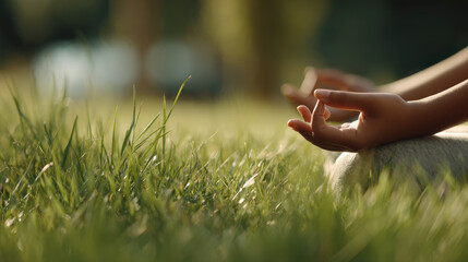 Hands in a yoga mudra, promoting peace and mindfulness in a natural setting.