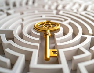 Gold key rests in the center of a complex circular maze